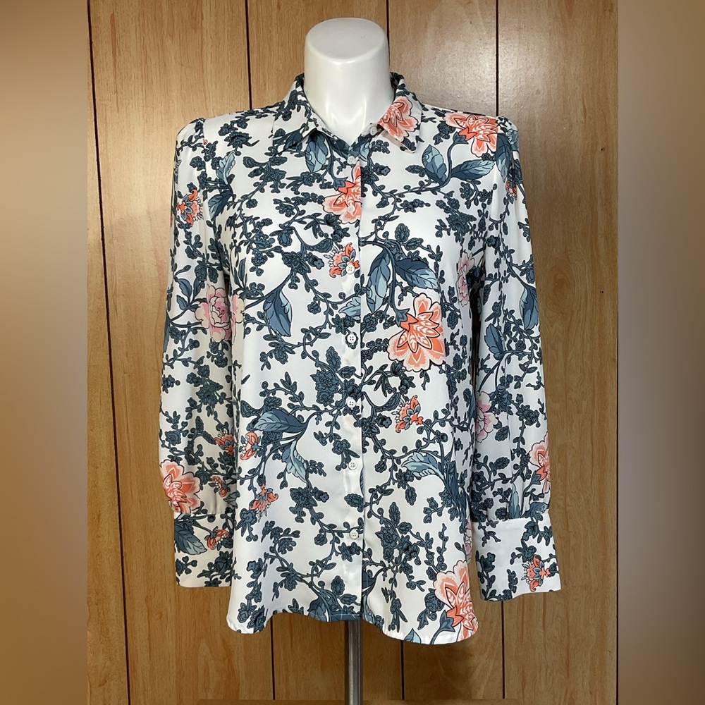 Tahari White Button-Down Blouse with Coral & Slate Floral Print SZ - L